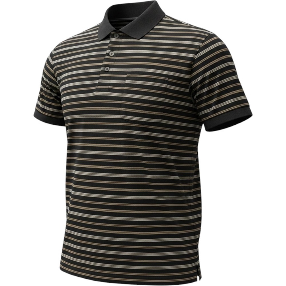 Cherokee Mens XL Striped Polo‎ Shirt Black Tan Short Sleeve Pocket Cotton Blend